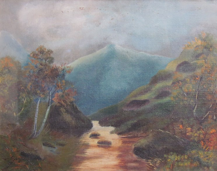 A 19th Century gilt framed oil on canvas, mountainous stream scene. Initialled E.J.S. bottom left.