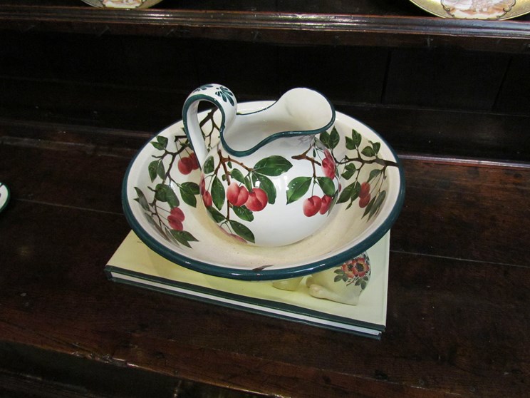 A Wemyss cherry pattern wash jug, bowl and dish, (jug 15cm tall,