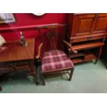 A country Chippendale circa 1780's mahogany elbow chair with tartan seat