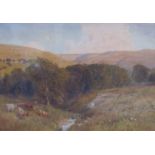 WILLIAM EYRE WALKER (1847-1930): A watercolour of Valley landscape, cattle grazing,