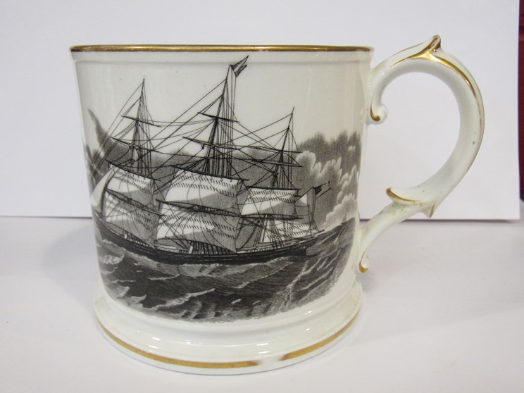 A gilt rimmed porcelain mug transfer printed with clipper ships together with another large - Image 2 of 2