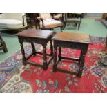 A pair of 17th Century style oak joint stools the carved frieze over turned legs joined by