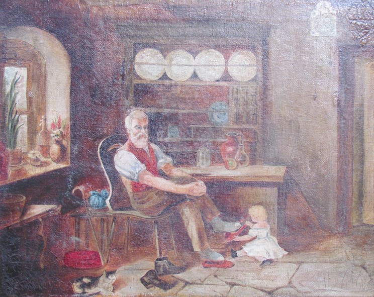 A mid 19th Century oil on canvas, elderly man and granddaughter in interior setting, unsigned work,