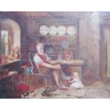 A mid 19th Century oil on canvas, elderly man and granddaughter in interior setting, unsigned work,