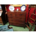 A circa 1860 flame mahogany chest of two short over three graduating long drawers on outswept