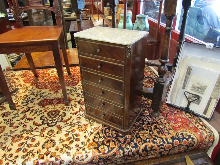 A circa 1900 miniature French chest of 6 drawers with marble top, ormolu edging, 46.