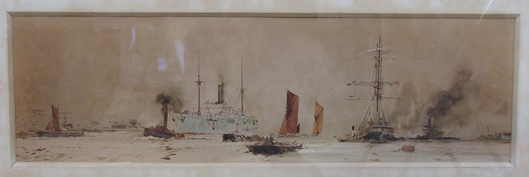 CHARLES EDWARD DIXON (1872-1934): Busy shipping scene, watercolour dated 1918, (4cm tear to LHS).