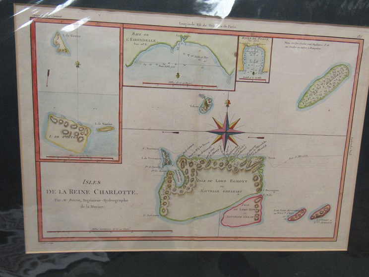 An 18th Century French hand coloured map of the "Isles de la Reine Charlotte", mounted,