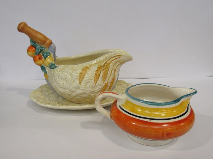 A Clarice Cliff basket ware sauce jug with dish,