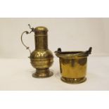 A Victorian brass ale jug with cover and cauldron form pot (2)