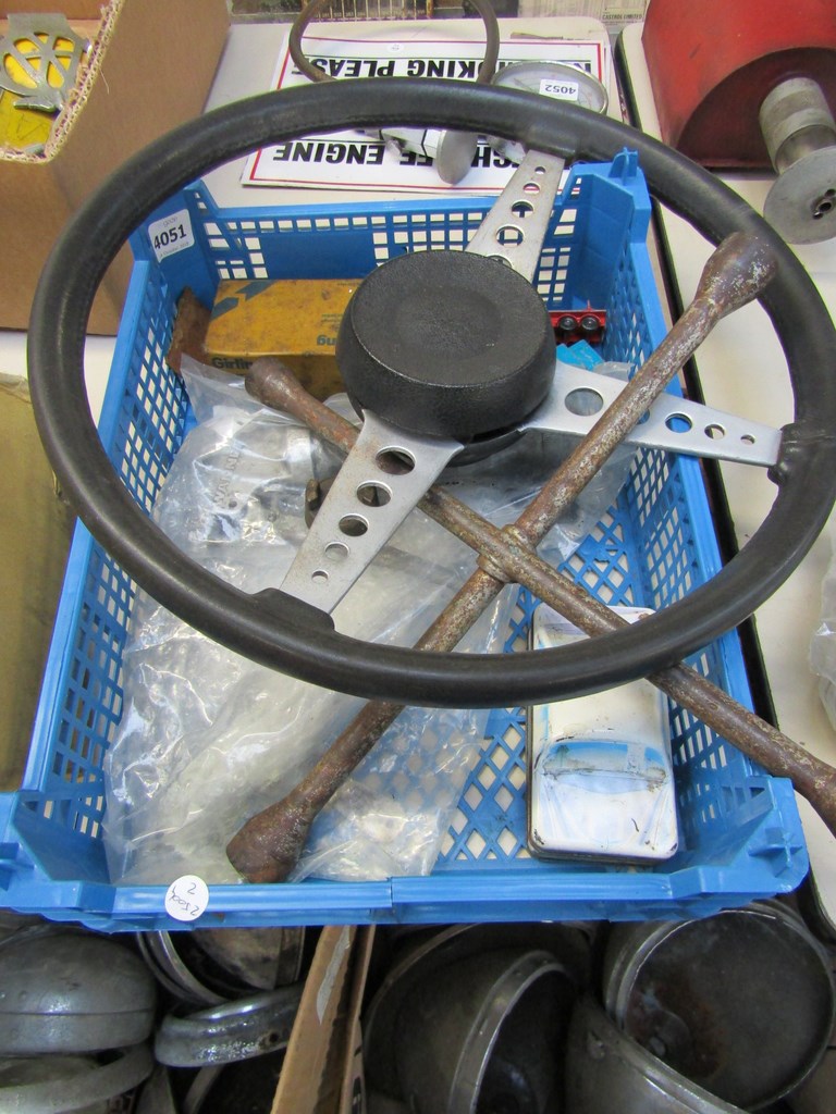 A tray of mixed including an Austin steering wheel,