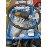 A tray of mixed including an Austin steering wheel,