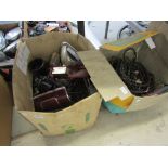 Two boxes containing a quantity of electrical items, including wiring, retro radios,