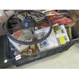 A box containing a quantity of assorted lamps, mirrors, break discs,