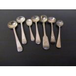 Seven various silver salt and mustard spoons, including Georgian, Victorian and later,