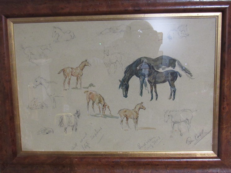 JOHN CARR (1922-1977) A burr wood framed and glazed pencil and watercolour study - sketchers of