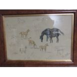 JOHN CARR (1922-1977) A burr wood framed and glazed pencil and watercolour study - sketchers of