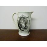 A 19th Century cream ware jug decorated with images of Charity & Faith, crack and chip to spout,