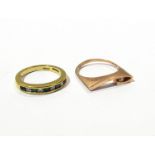 A gold emerald and diamond chip half hoop ring and gold modernist ring (2)