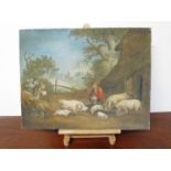 A Benjamin Zobel (1762-1831) Sand picture depicting feeding the pigs unsigned, 46cm x 59cm,