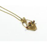 An 18ct gold box chain hung with a basket of diamond,