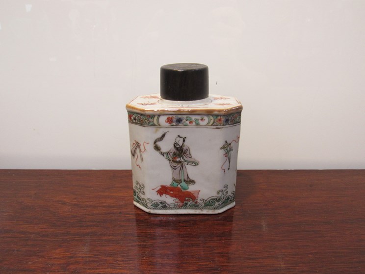 A late 18th Century Chinese ceramic tea caddy with hand painted figures riding variety of sea