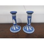 A pair of Jasper ware candlesticks, 18.