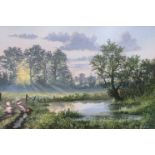 KEITH CURTIS: A rural landscape depicting sunlight through the trees, reflecting on pond,