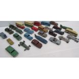 A collection of played with, mostly Dinky diecast vehicles including buses, cars,