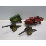 A vintage tin plate LEP transport truck and trailer and two Louis Marx made in England tin plate
