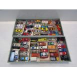 Two trays of played with diecast models including Matchbox and Matchbox Superfast