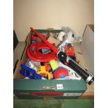 A box of toys and games including Light Saber,