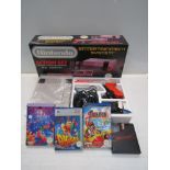 A boxed Nintendo Entertainment system with games including Tetris