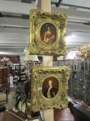 2 oil on board portraits of 18th century lady and gentleman in matching heavy gilt framed (one