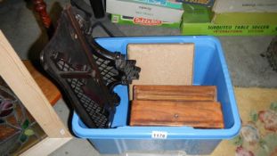 A box of wooden items including writing box,