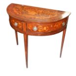 A Dutch marquetry half moon table with 2 drawers