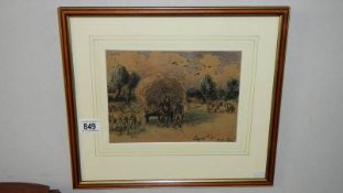 A framed and glazed mixed media 'Hay Wagon' signed G A Short 1920,