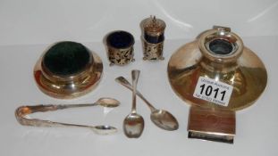 8 items of silver (all hall marked) including pin cushion, ink well a/f, match box cover,