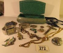A jewellery box and contents including chatelian, watch, silver medal,