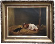 An oil on canvas 'Cow & Calf in barn', Joseph Wheeler,