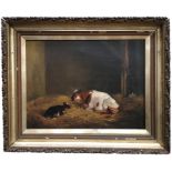 An oil on canvas 'Cow & Calf in barn', Joseph Wheeler,