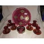 A ruby red hand painted drinking set and tray depicting the King of Persia,