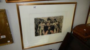 A limited edition hand coloured etching 6/10 on fabriano paper of three posing nudes, signed,