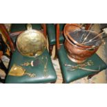 A copper coal scuttle, brass & copper warming pan,