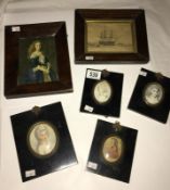 A collection of old miniature prints and a portrait of a gentleman (watercolour) plus a 19th