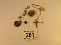 2 gold chains with a cross and a St Christopher together with 3 other items