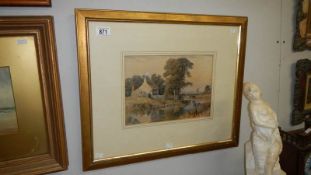 A watercolour rural scene featuring cottage, cows and windmill, signed I Baldock,