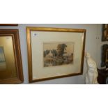 A watercolour rural scene featuring cottage, cows and windmill, signed I Baldock,