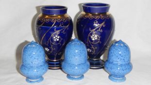 3 power blue William Moorcroft pepper pots and a pair of James Macintyre & Co.