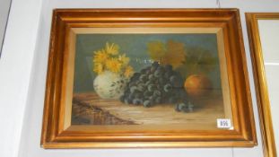 An oil on board still life fruit and flowers, G.